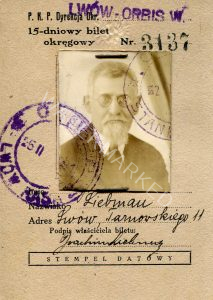 כרטיס נסיעה ברכבות המהירות
הוצא ע"י ארגון מסילות הברזל הפולני (פ.קא.פ.) בלבוב עבור ליבמן מרחוב מרחוב טארנובסקייגו 11 בלבוב, מוגבל ל 15 יום בין התאריכים 26 בפברואר עד ה 12 במרץ 1931. המחיר 130 זלוטי. חתימתו של יואכים ליבמן למטה.
