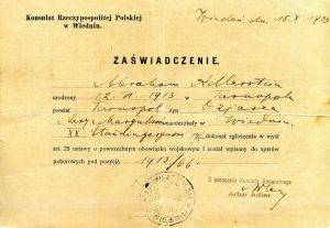 18 באוקטובר 1933
מסמך מהקונסוליה הפולנית בוינה המאשר שאברהם אדלרשטיין מילא את חובותיו לצבא הפולני.