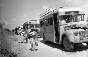 שיירת אוטובוסים ארוכה בשרות הצבא ממתינה למפונים.
